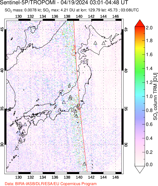 A sulfur dioxide image over Japan on Apr 19, 2024.