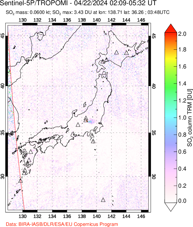 A sulfur dioxide image over Japan on Apr 22, 2024.