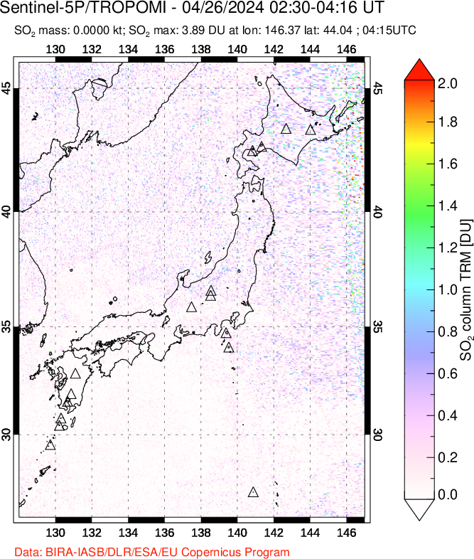 A sulfur dioxide image over Japan on Apr 26, 2024.