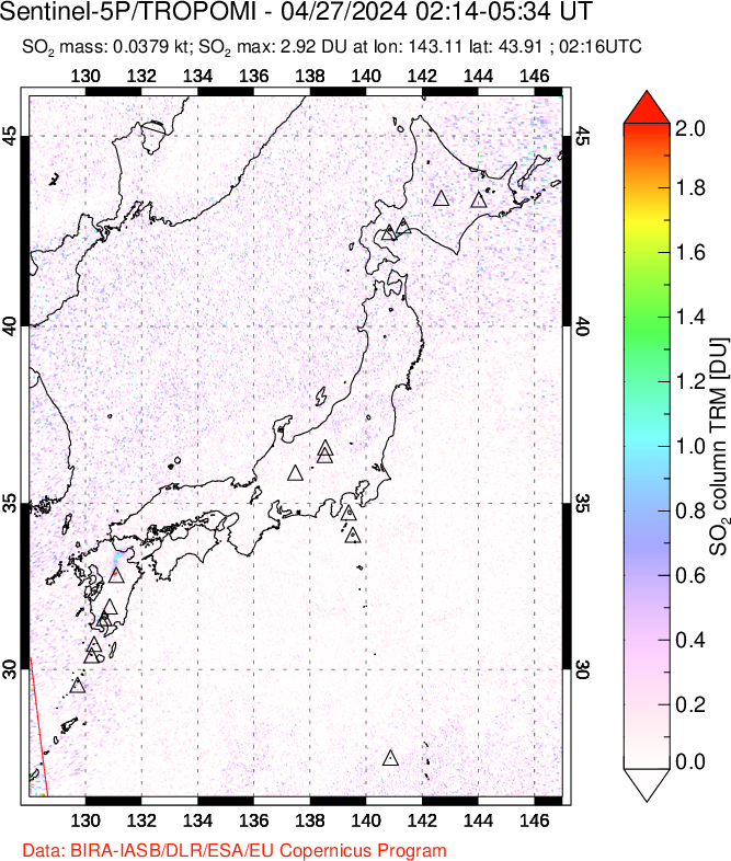 A sulfur dioxide image over Japan on Apr 27, 2024.