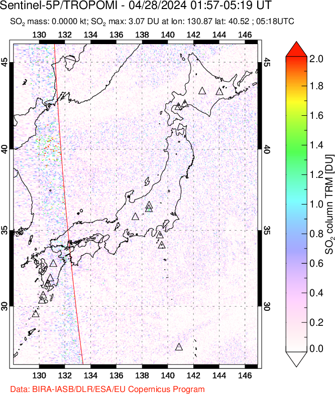 A sulfur dioxide image over Japan on Apr 28, 2024.