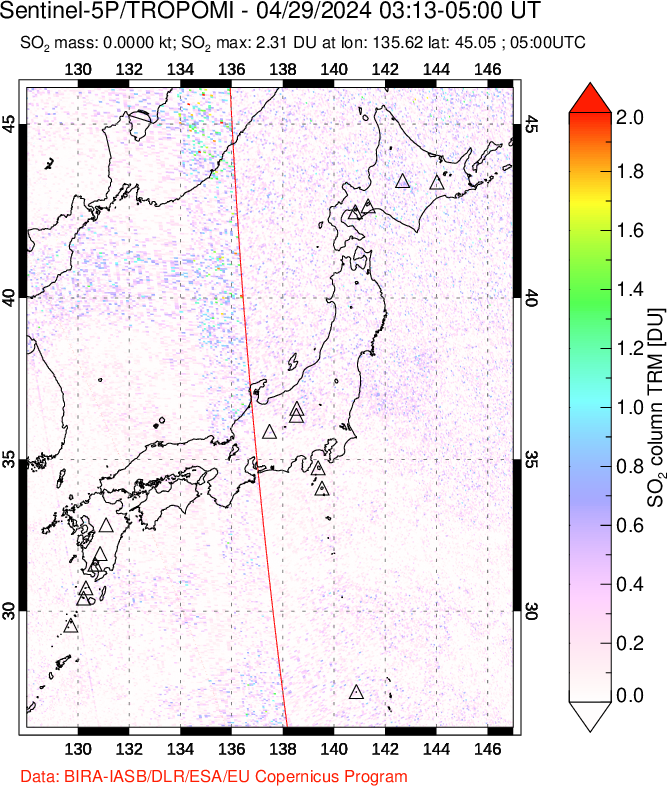 A sulfur dioxide image over Japan on Apr 29, 2024.