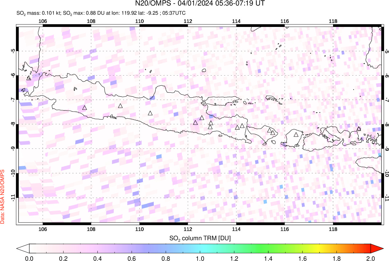 A sulfur dioxide image over Java, Indonesia on Apr 01, 2024.