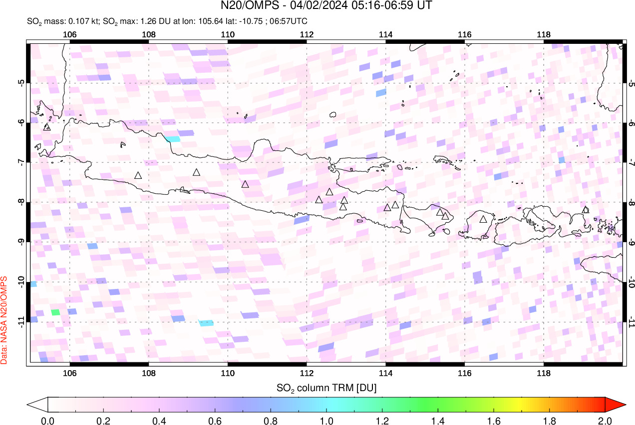 A sulfur dioxide image over Java, Indonesia on Apr 02, 2024.
