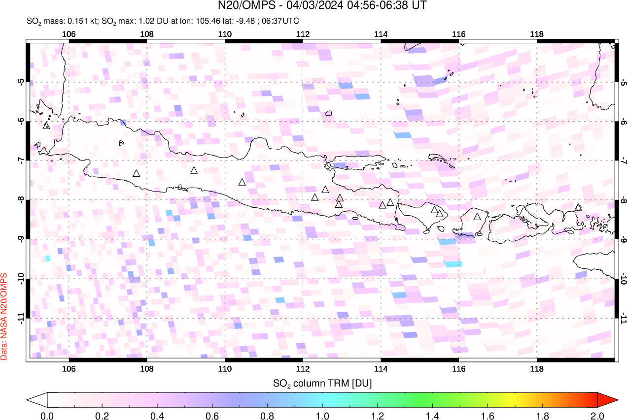 A sulfur dioxide image over Java, Indonesia on Apr 03, 2024.