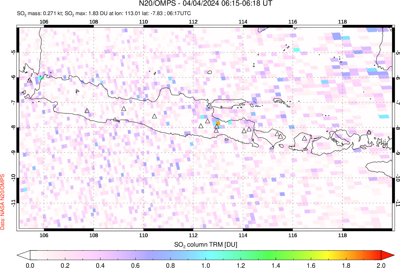 A sulfur dioxide image over Java, Indonesia on Apr 04, 2024.