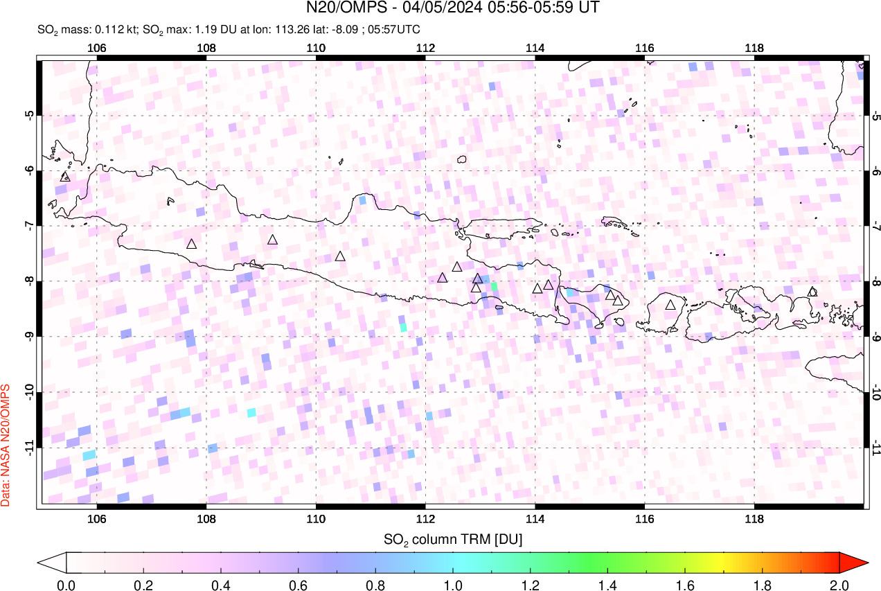 A sulfur dioxide image over Java, Indonesia on Apr 05, 2024.