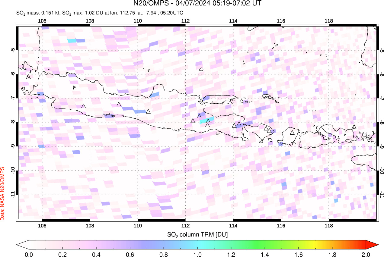 A sulfur dioxide image over Java, Indonesia on Apr 07, 2024.