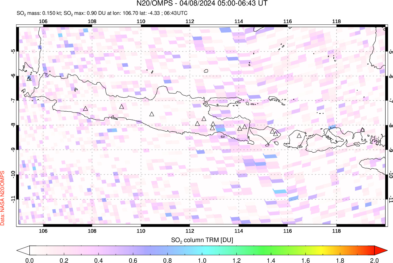 A sulfur dioxide image over Java, Indonesia on Apr 08, 2024.