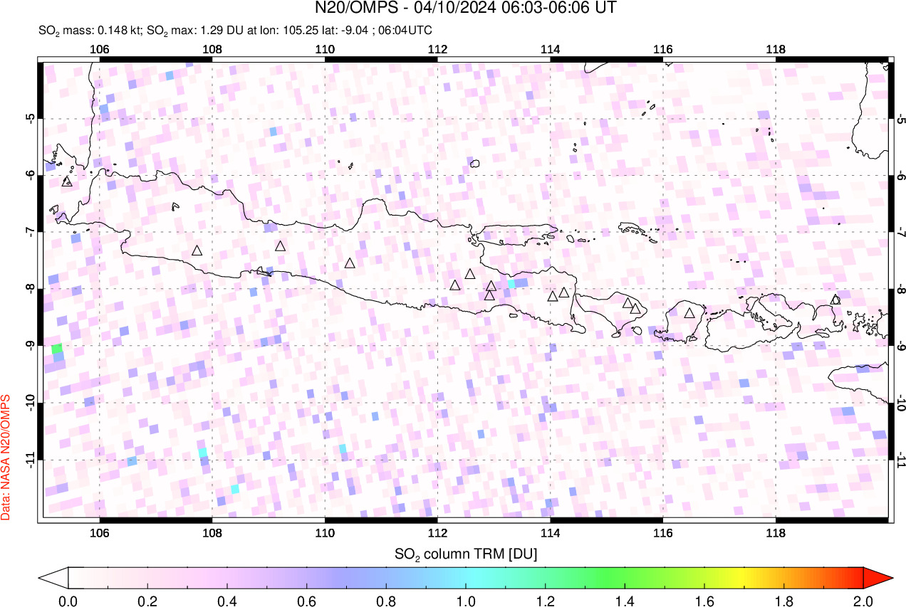 A sulfur dioxide image over Java, Indonesia on Apr 10, 2024.