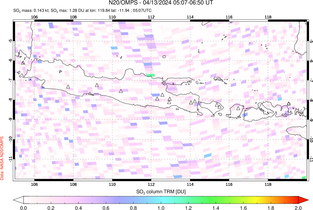 A sulfur dioxide image over Java, Indonesia on Apr 13, 2024.
