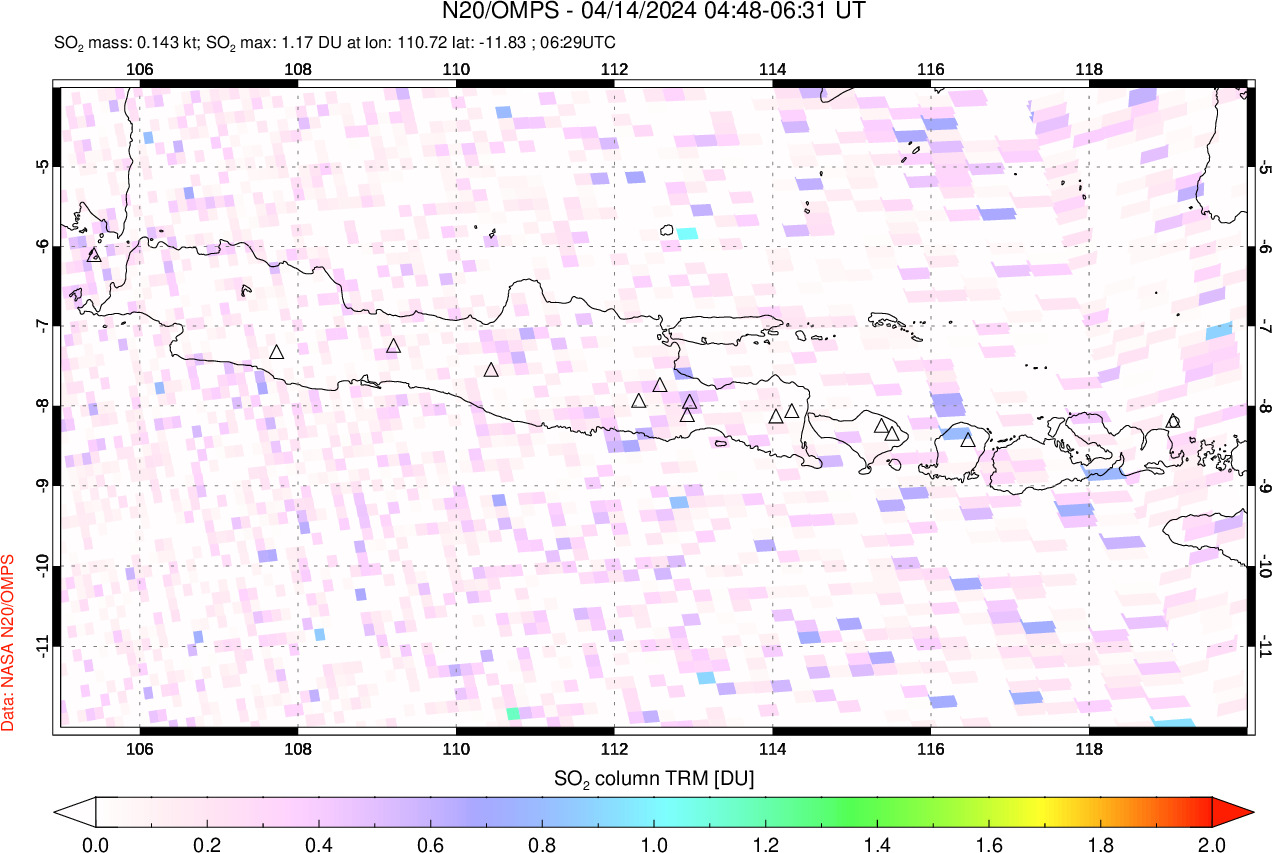 A sulfur dioxide image over Java, Indonesia on Apr 14, 2024.