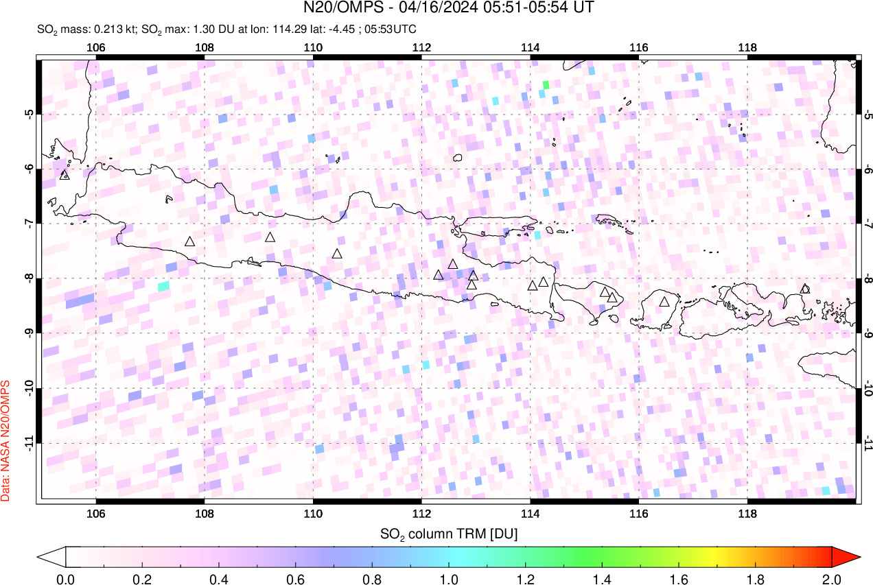 A sulfur dioxide image over Java, Indonesia on Apr 16, 2024.