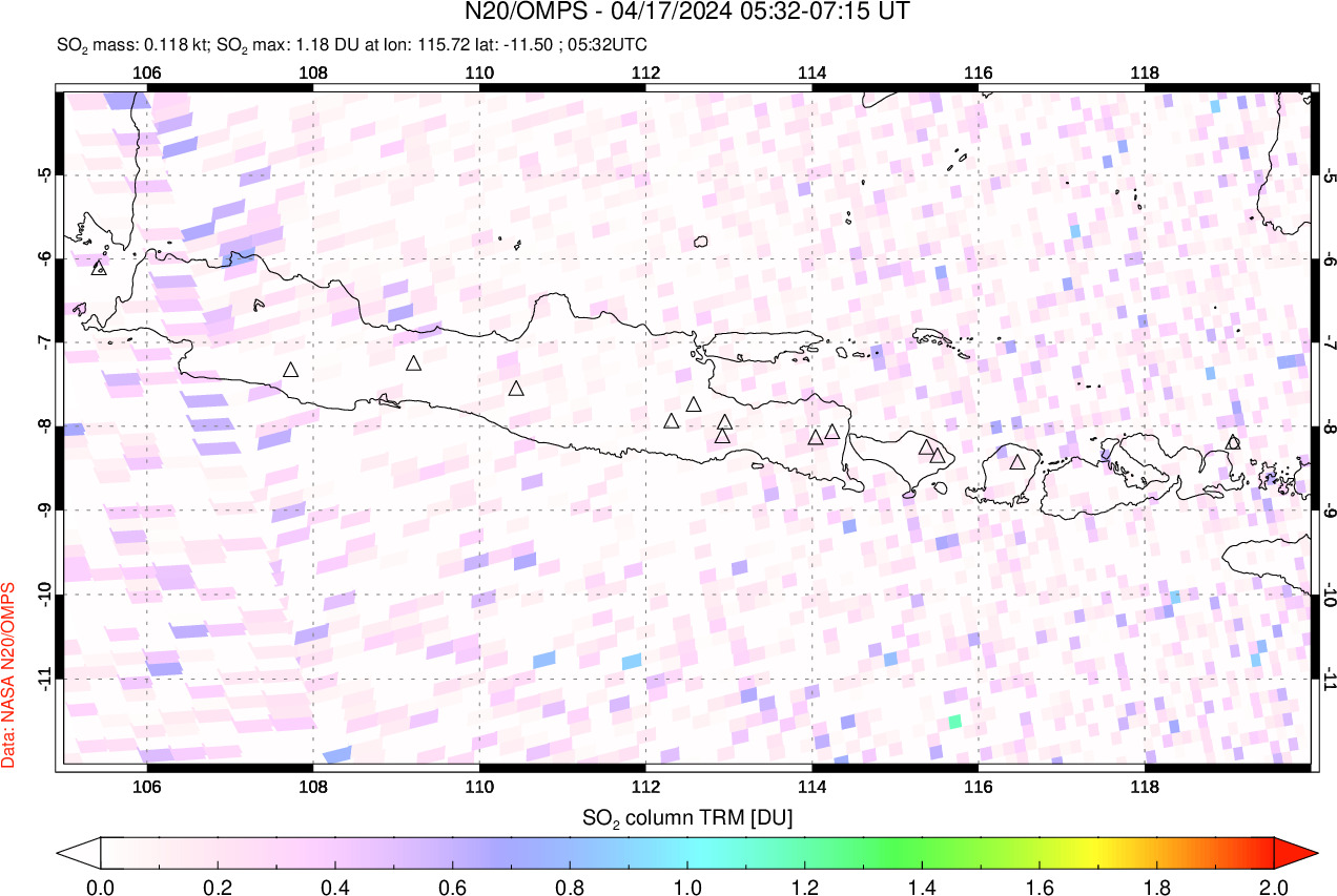 A sulfur dioxide image over Java, Indonesia on Apr 17, 2024.