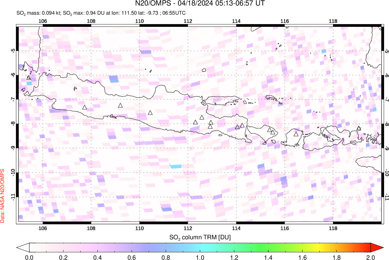 A sulfur dioxide image over Java, Indonesia on Apr 18, 2024.