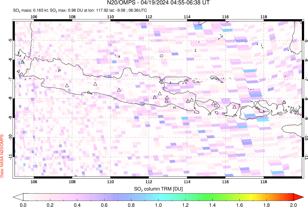 A sulfur dioxide image over Java, Indonesia on Apr 19, 2024.