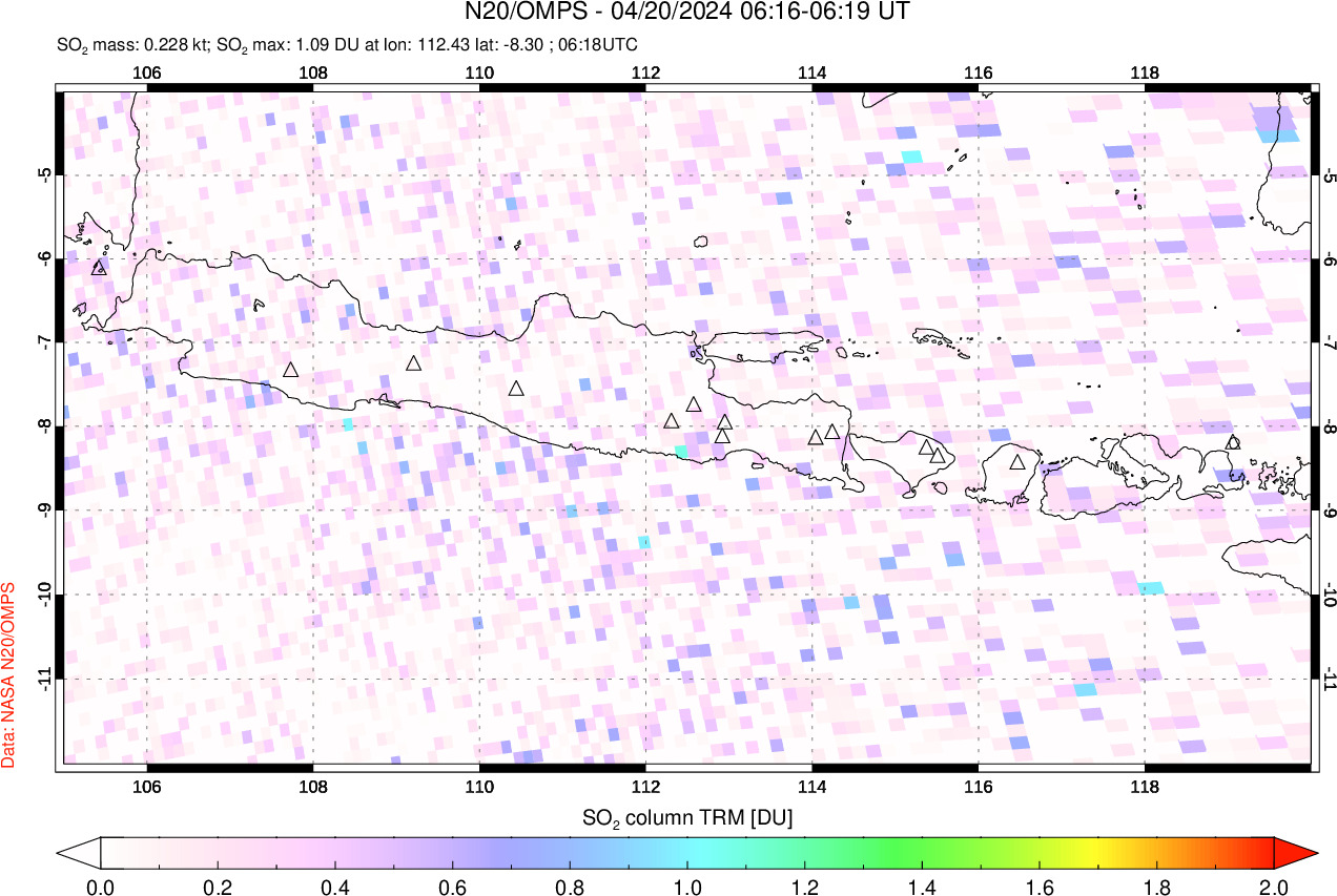 A sulfur dioxide image over Java, Indonesia on Apr 20, 2024.