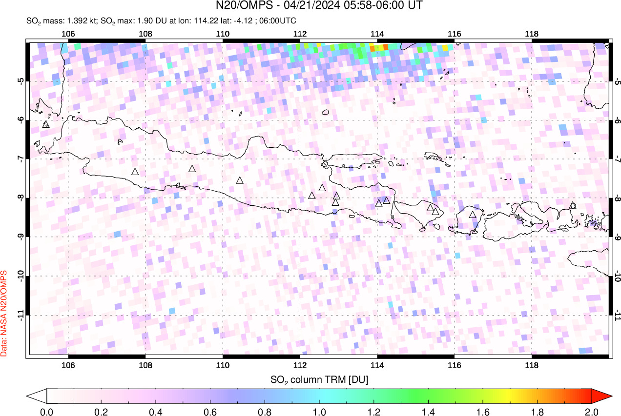 A sulfur dioxide image over Java, Indonesia on Apr 21, 2024.