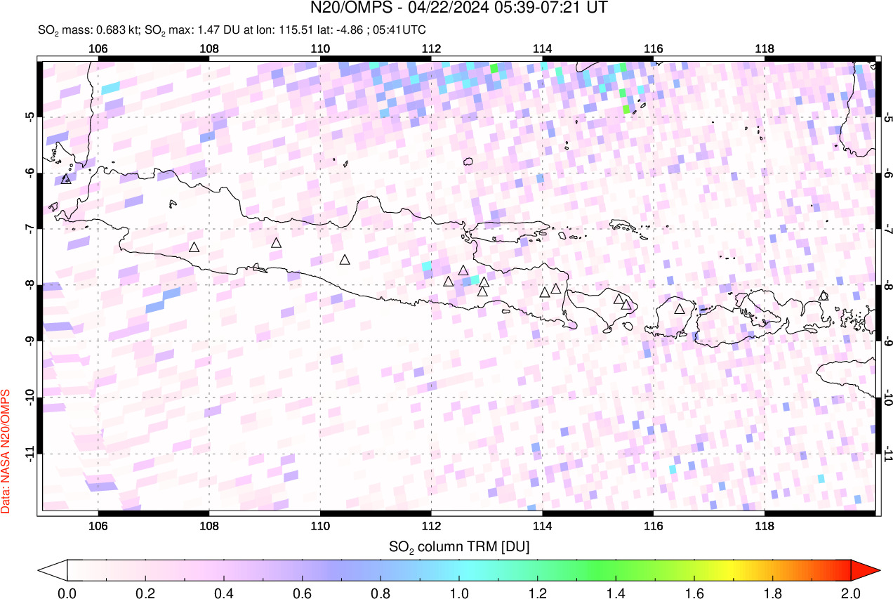 A sulfur dioxide image over Java, Indonesia on Apr 22, 2024.