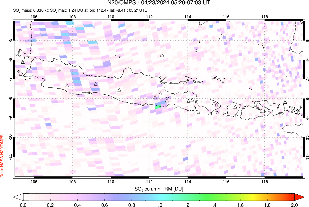 A sulfur dioxide image over Java, Indonesia on Apr 23, 2024.