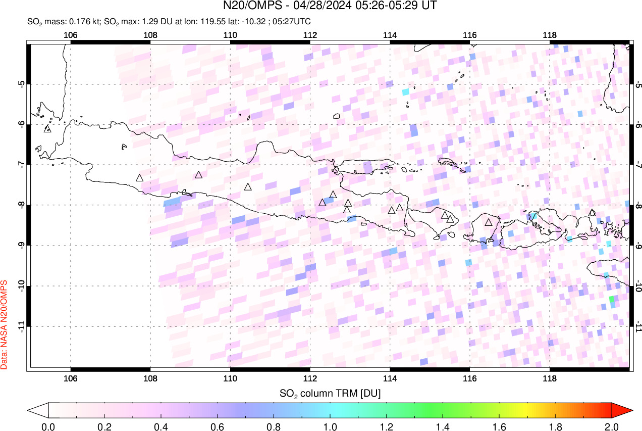 A sulfur dioxide image over Java, Indonesia on Apr 28, 2024.