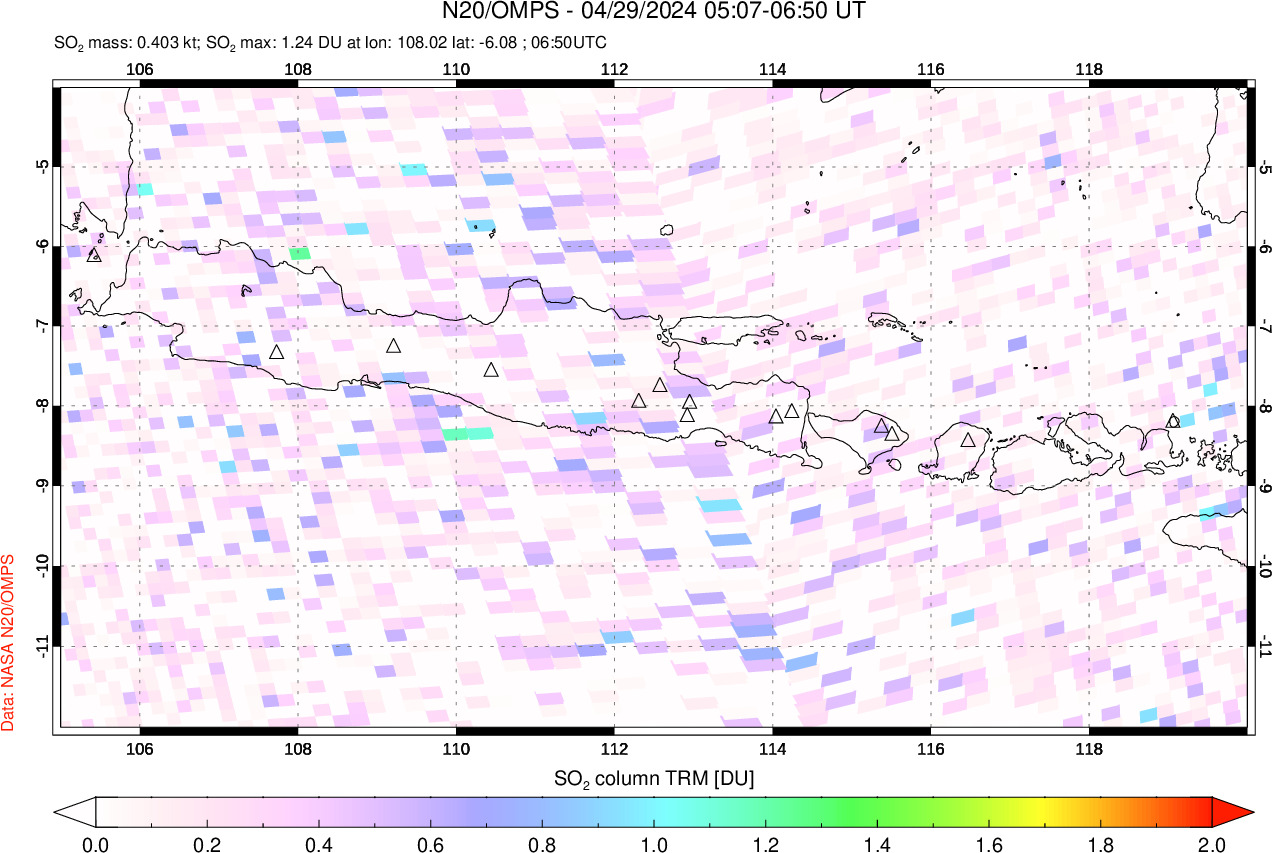 A sulfur dioxide image over Java, Indonesia on Apr 29, 2024.