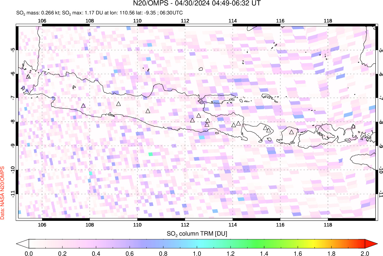 A sulfur dioxide image over Java, Indonesia on Apr 30, 2024.