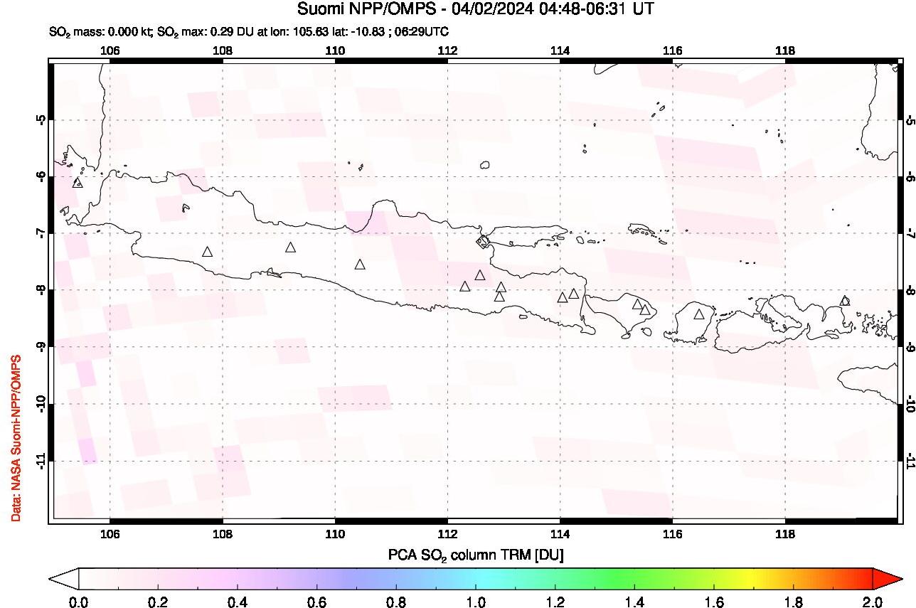 A sulfur dioxide image over Java, Indonesia on Apr 02, 2024.