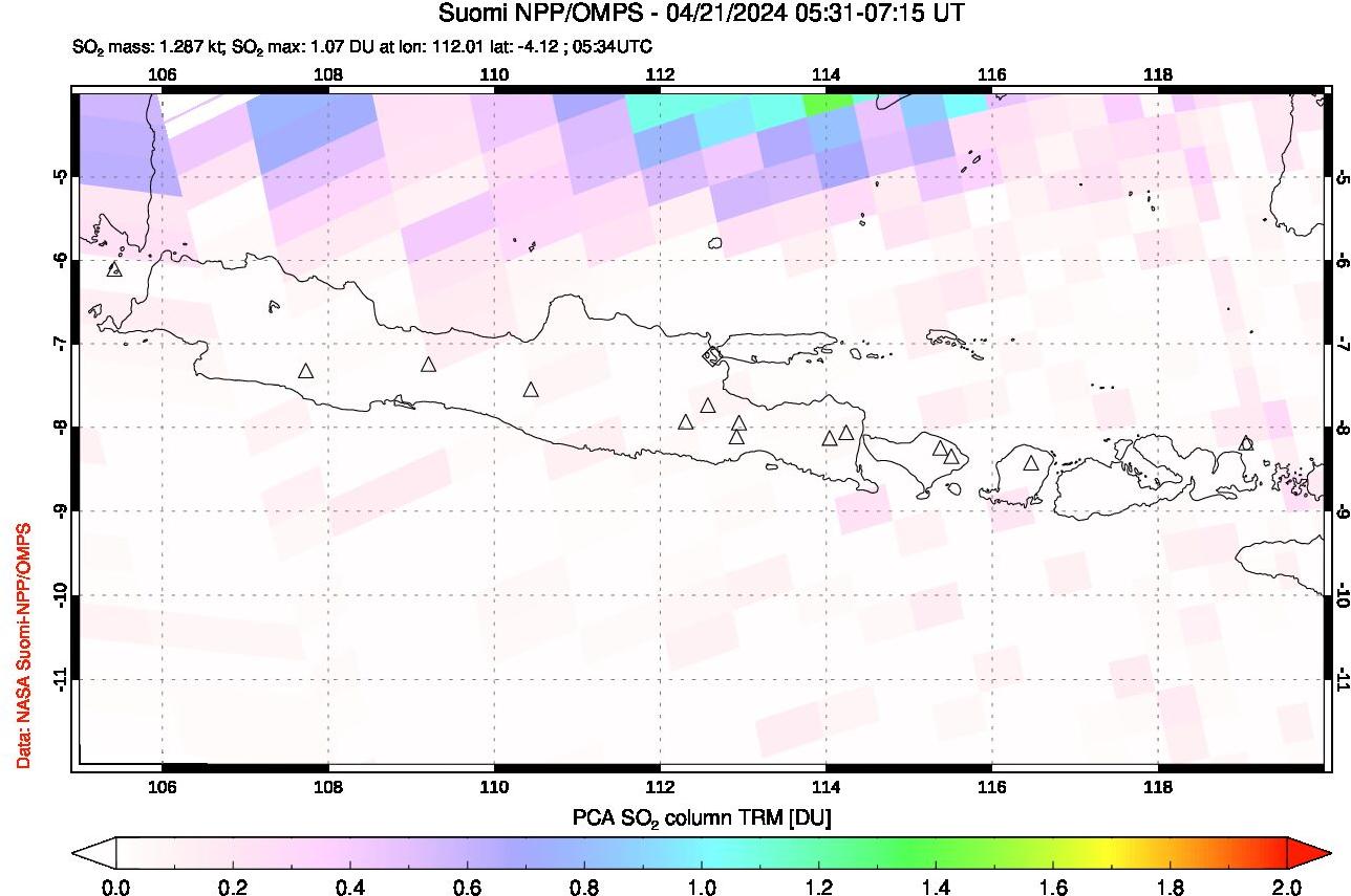 A sulfur dioxide image over Java, Indonesia on Apr 21, 2024.
