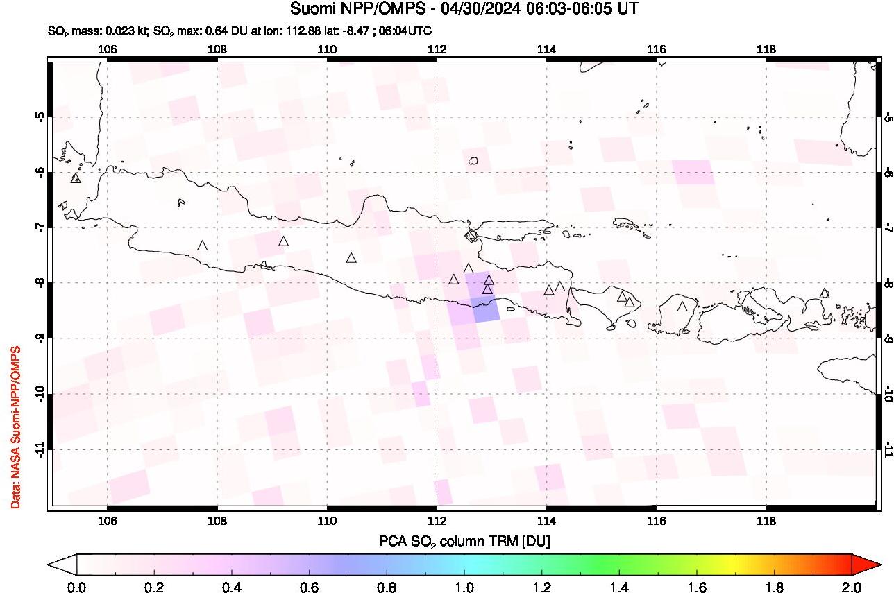 A sulfur dioxide image over Java, Indonesia on Apr 30, 2024.