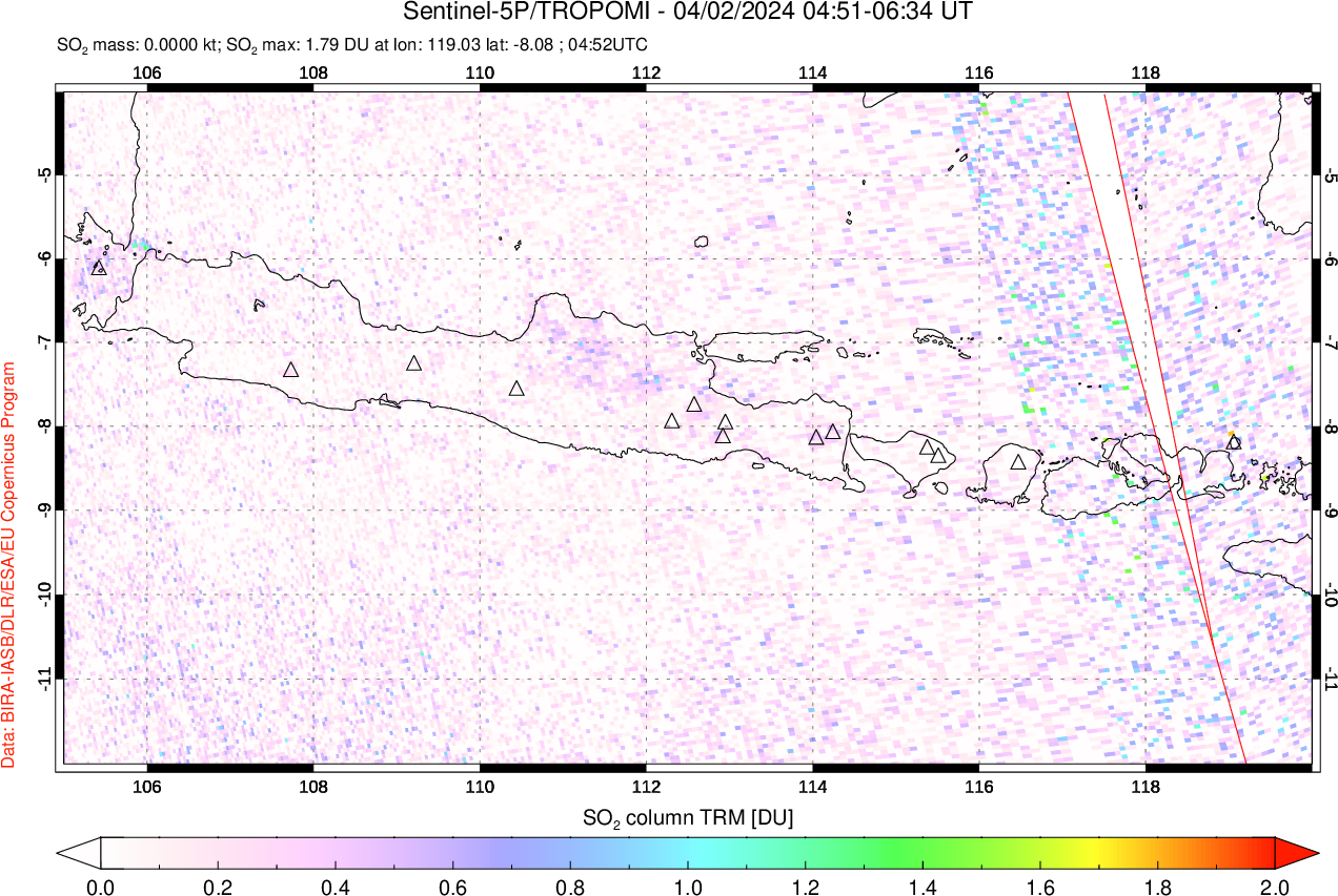 A sulfur dioxide image over Java, Indonesia on Apr 02, 2024.