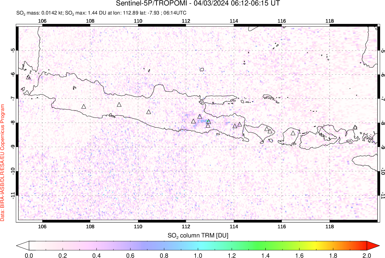 A sulfur dioxide image over Java, Indonesia on Apr 03, 2024.