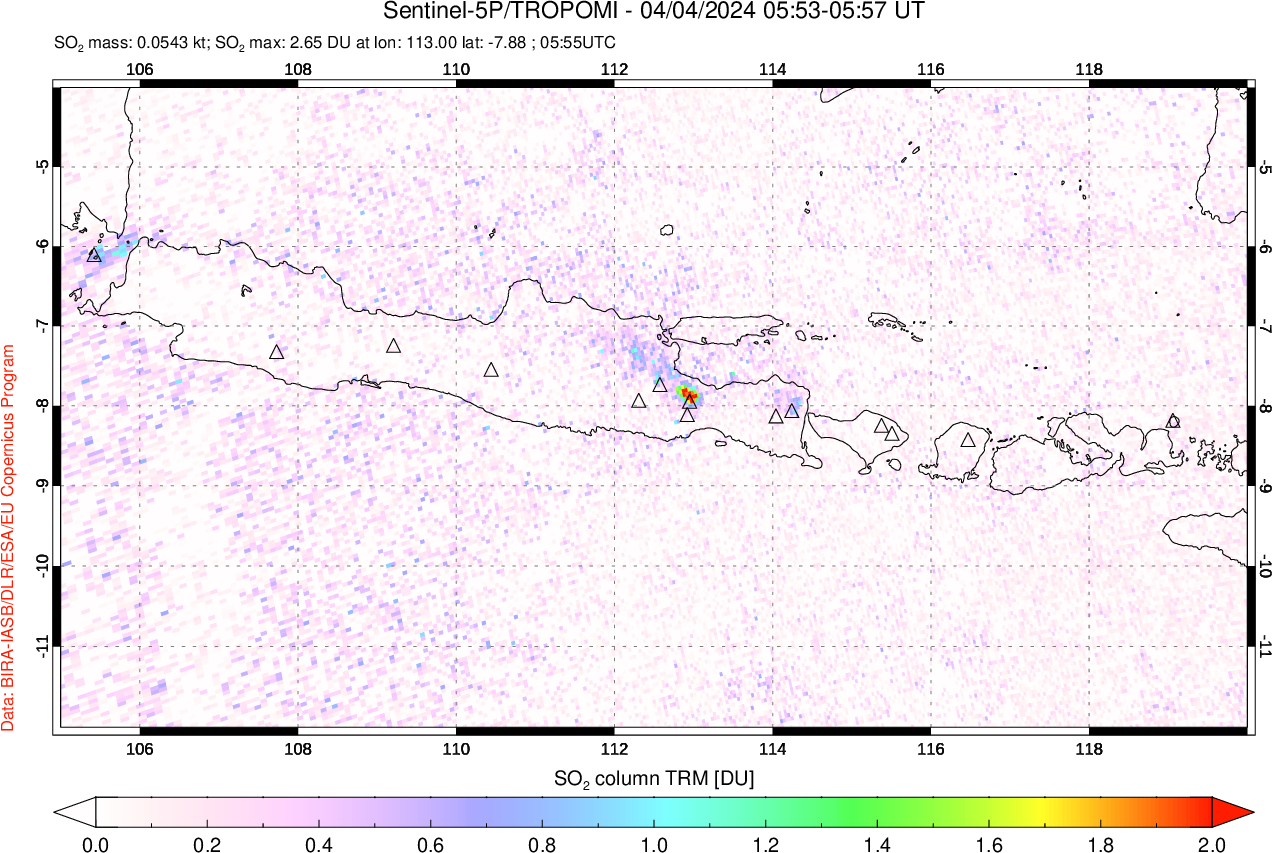 A sulfur dioxide image over Java, Indonesia on Apr 04, 2024.