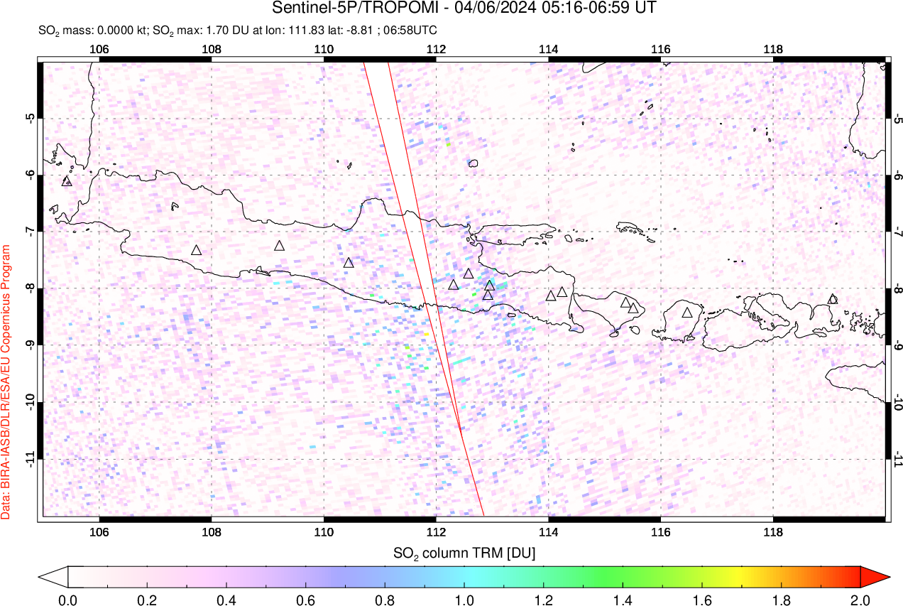 A sulfur dioxide image over Java, Indonesia on Apr 06, 2024.
