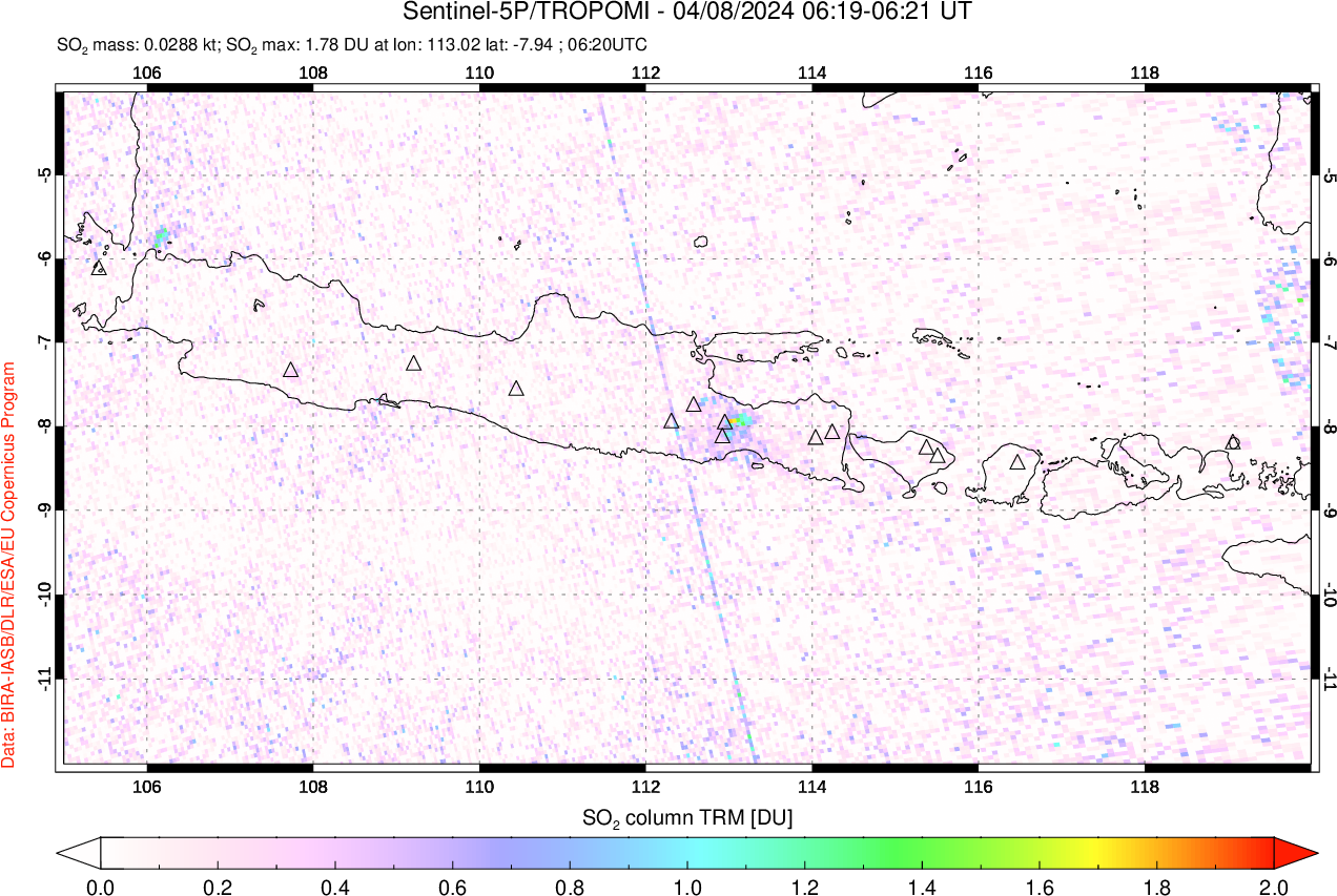 A sulfur dioxide image over Java, Indonesia on Apr 08, 2024.