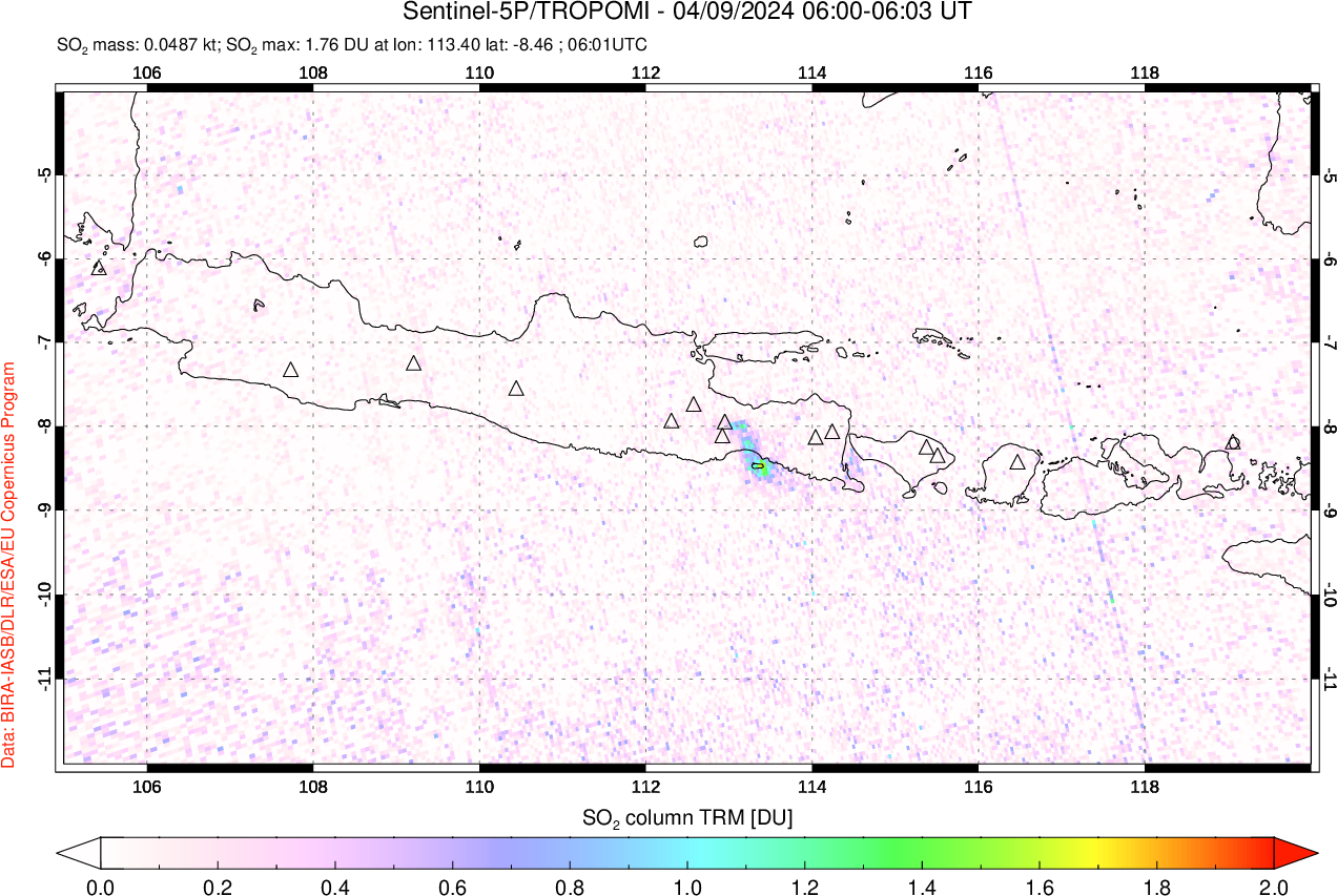 A sulfur dioxide image over Java, Indonesia on Apr 09, 2024.