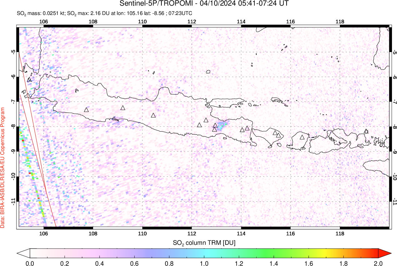 A sulfur dioxide image over Java, Indonesia on Apr 10, 2024.