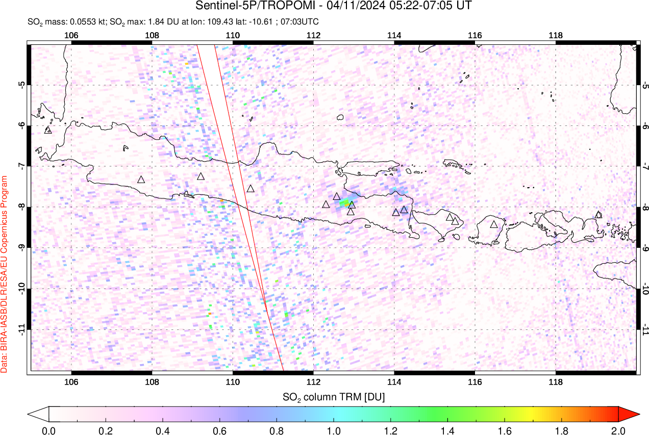 A sulfur dioxide image over Java, Indonesia on Apr 11, 2024.