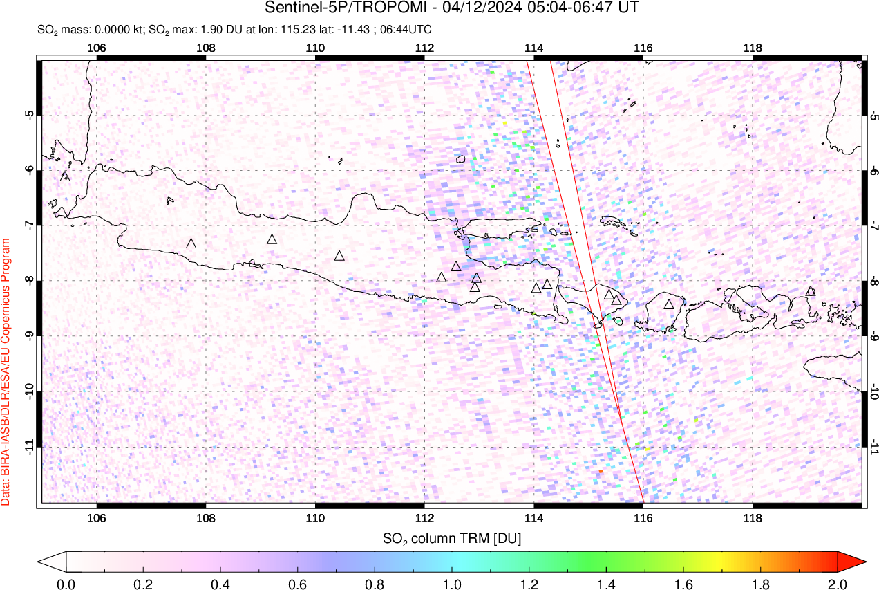 A sulfur dioxide image over Java, Indonesia on Apr 12, 2024.