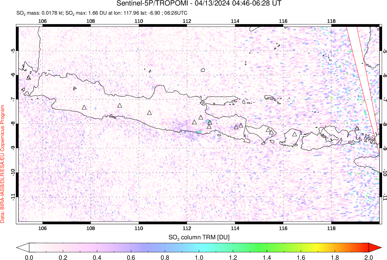 A sulfur dioxide image over Java, Indonesia on Apr 13, 2024.