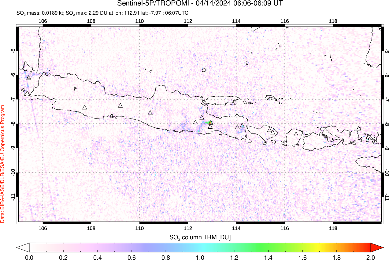 A sulfur dioxide image over Java, Indonesia on Apr 14, 2024.