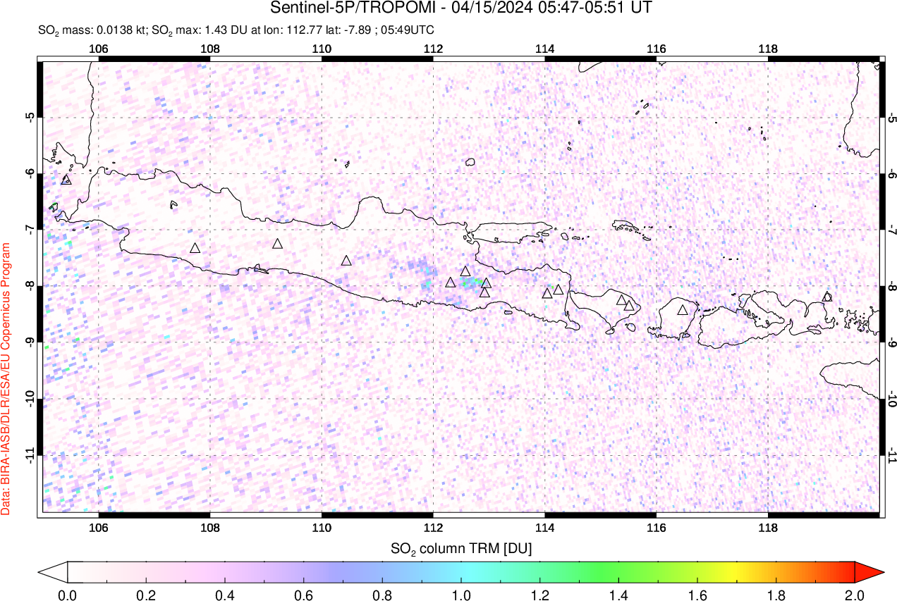A sulfur dioxide image over Java, Indonesia on Apr 15, 2024.