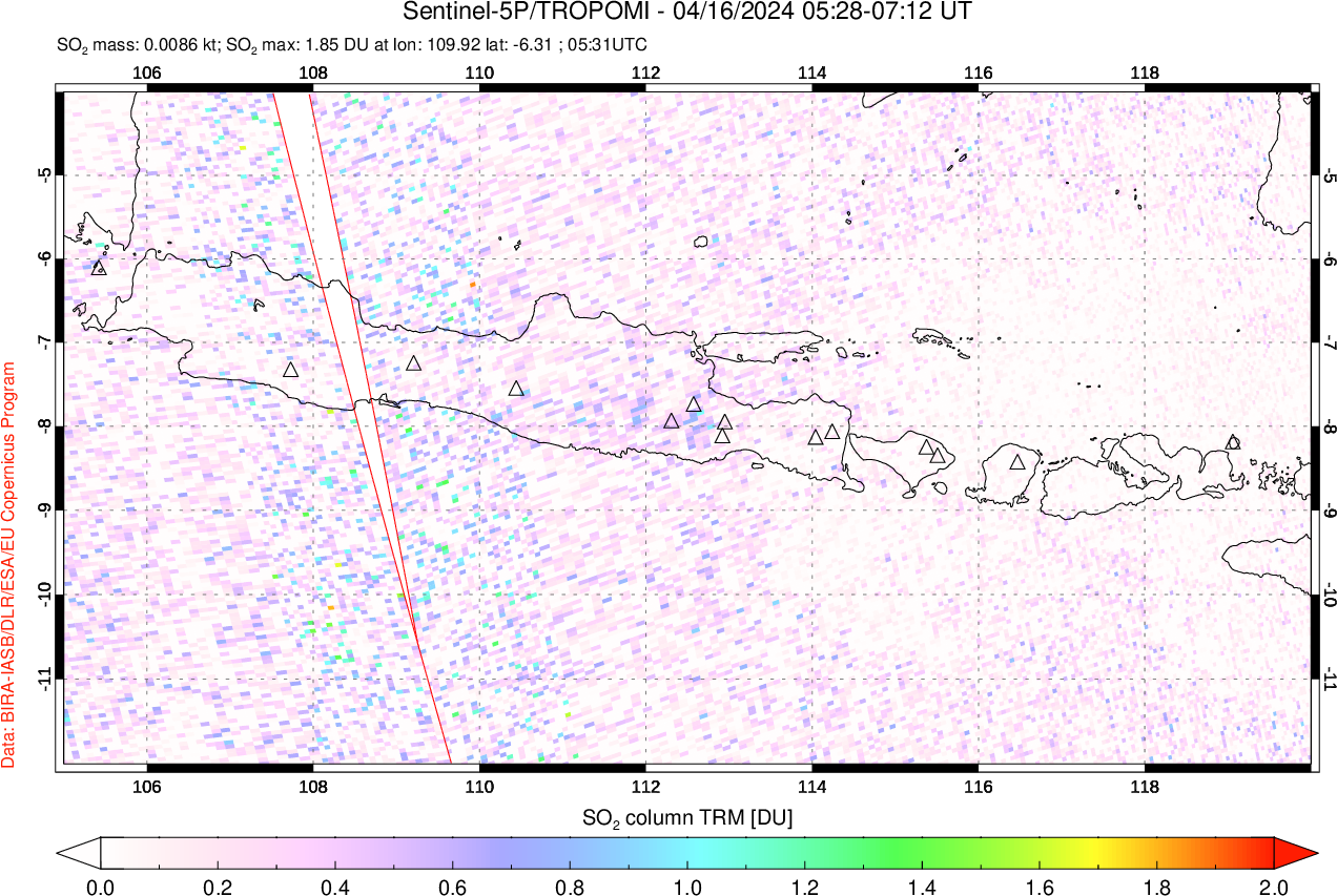 A sulfur dioxide image over Java, Indonesia on Apr 16, 2024.