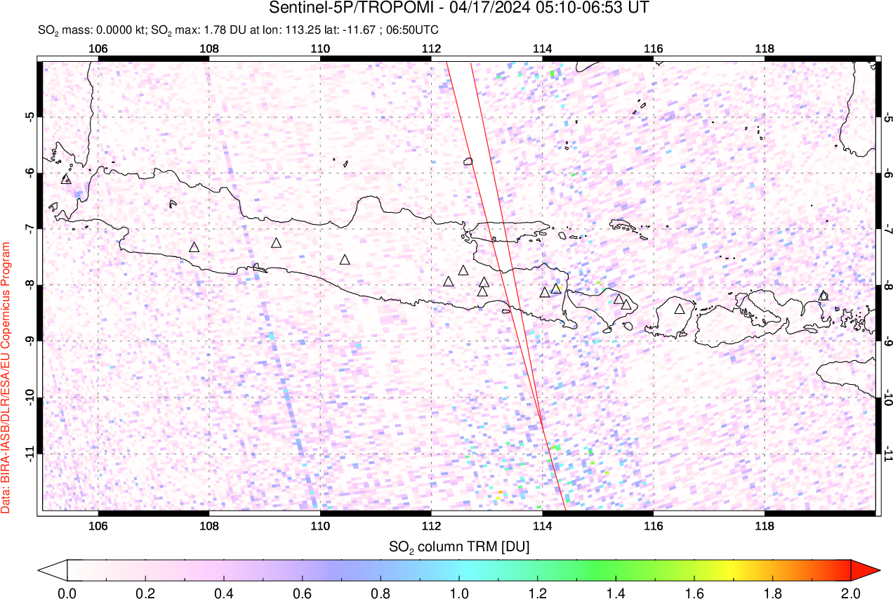 A sulfur dioxide image over Java, Indonesia on Apr 17, 2024.
