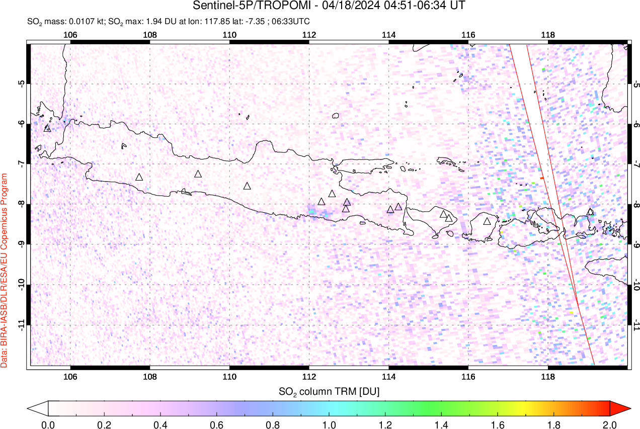 A sulfur dioxide image over Java, Indonesia on Apr 18, 2024.