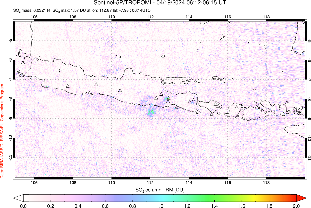 A sulfur dioxide image over Java, Indonesia on Apr 19, 2024.