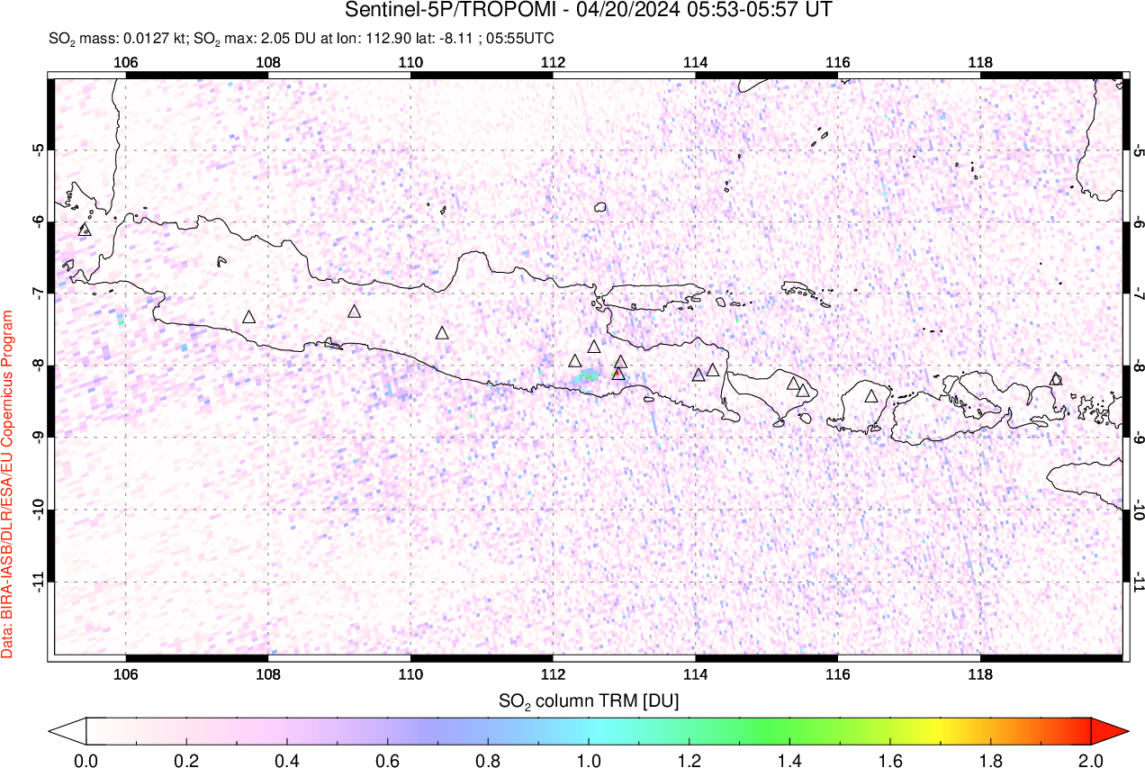 A sulfur dioxide image over Java, Indonesia on Apr 20, 2024.
