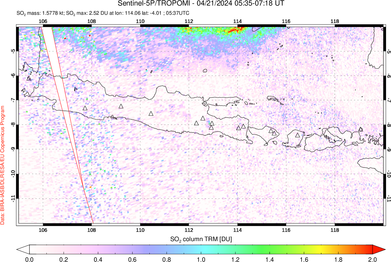 A sulfur dioxide image over Java, Indonesia on Apr 21, 2024.