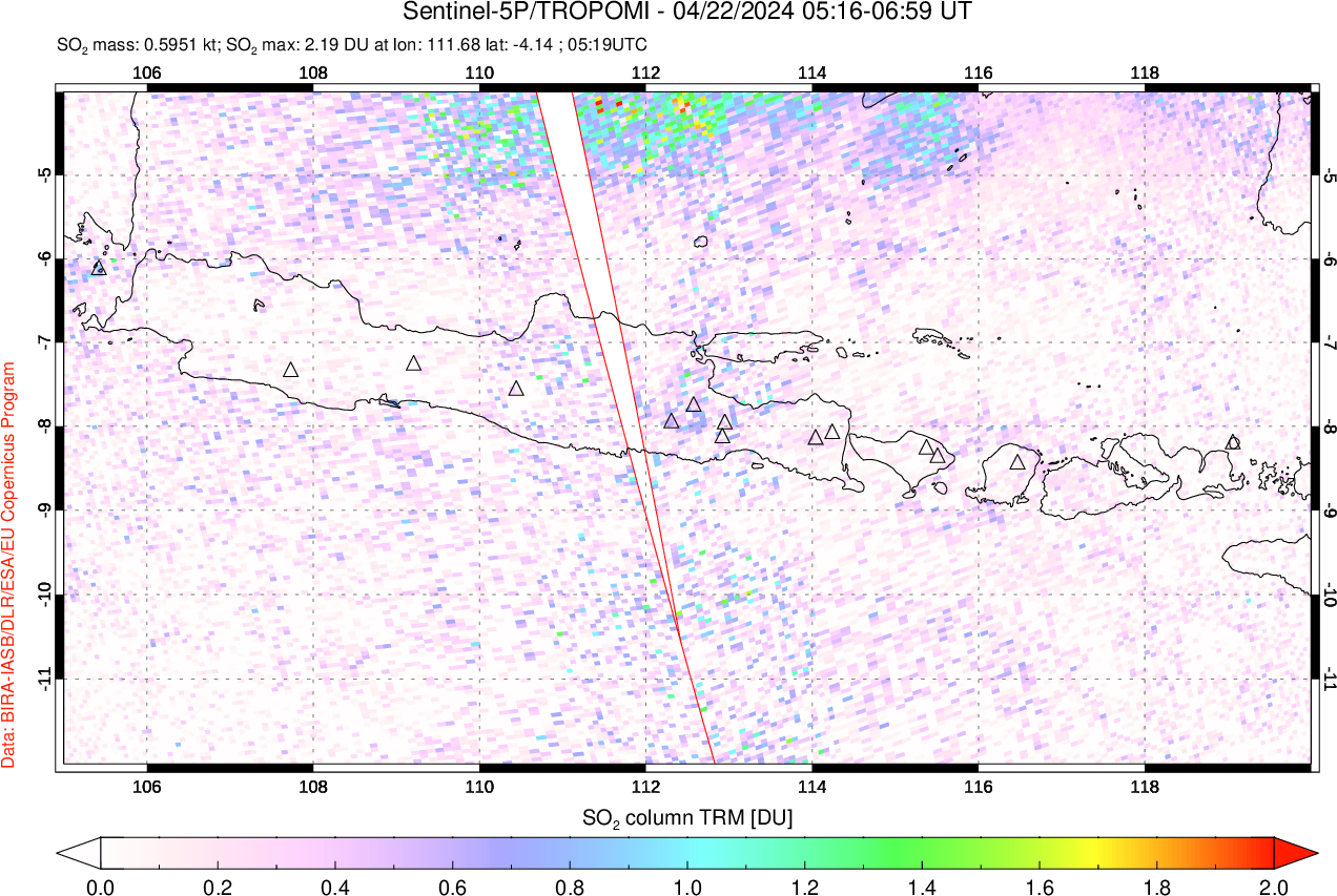 A sulfur dioxide image over Java, Indonesia on Apr 22, 2024.
