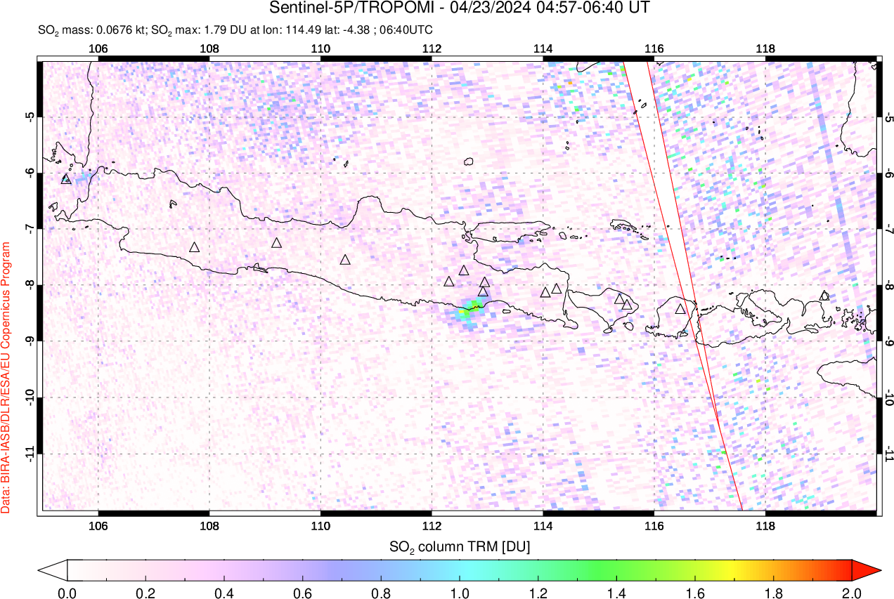 A sulfur dioxide image over Java, Indonesia on Apr 23, 2024.